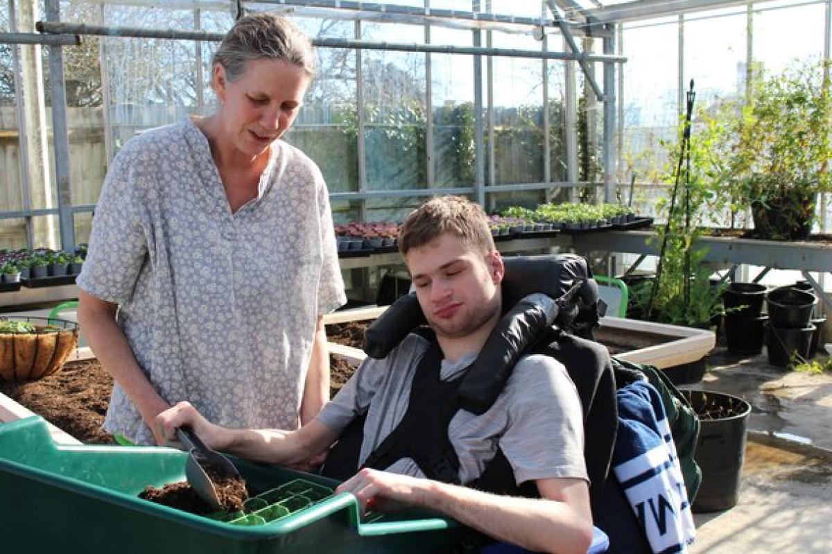 Treloar's tutor assists a college student as they plant seeds in a greenhouse filled with gardening supplies.