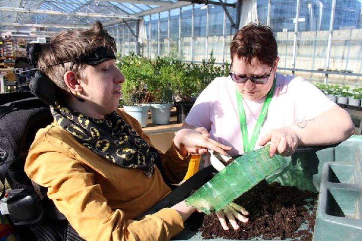 Treloar's student and his support assistant working together to fill a green planter with soil inside a bright greenhouse filled with plants.