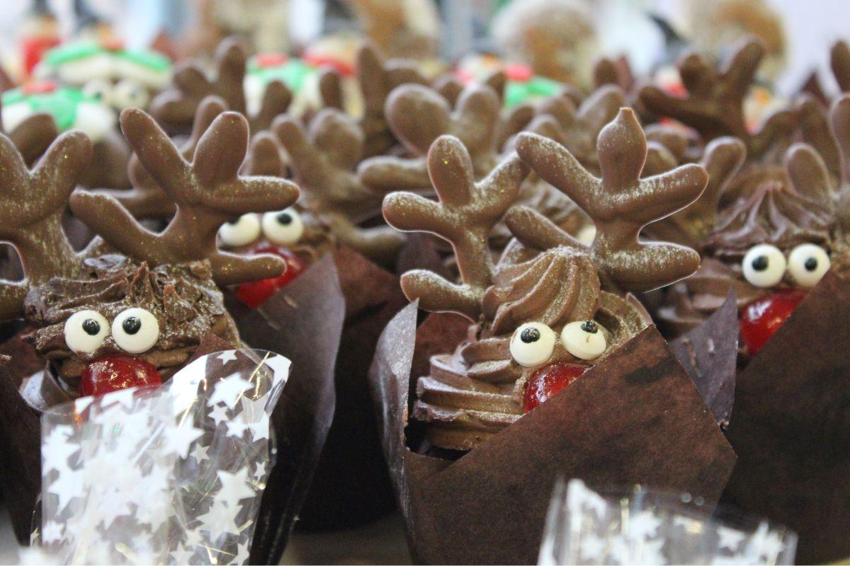 Chocolate cupcakes with swirl of frosting, candy antlers, eyes and a nose to look like a reindeer