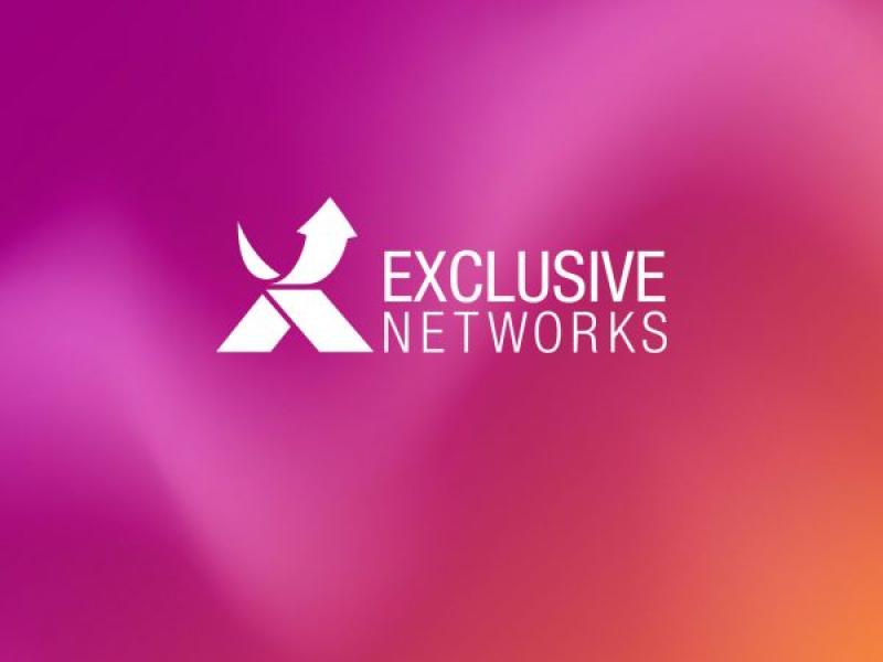 Exclusive Networks logo, against a pink and orange background