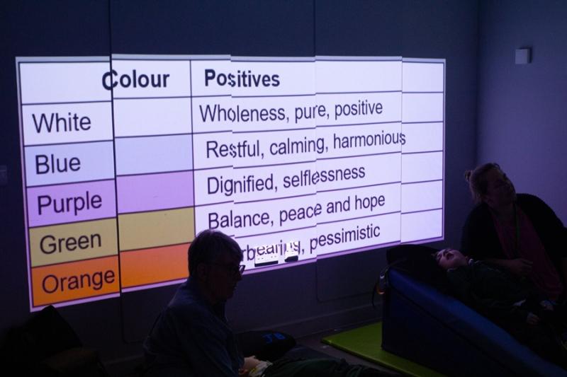 2 Treloar's students both lying on special beds placed on mats on the floor. Their assistant are just next to them during an atmospherics session. The lights in the room are off. On the wall, a table is projected with names of colours and emotions that they evoke.