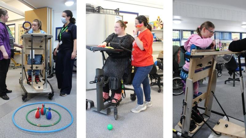 A collage of 3 images next to each other portraying Treloar College students using standing frames for support while members of staff assist them with various tasks.