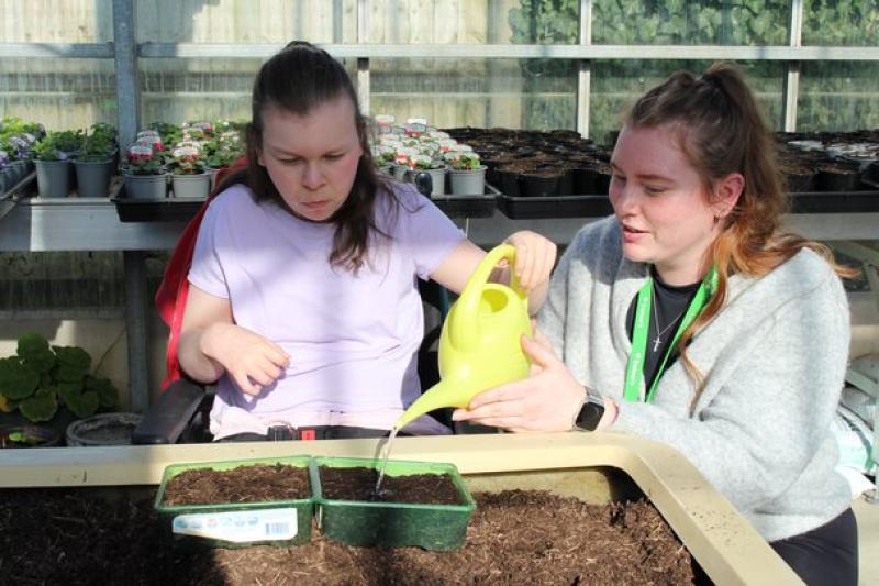 Treloar's student in a greenhouse watering seedlings in small green trays filled with soil on a gardening table. Her support assistant is helping her hold the yellow watering can.