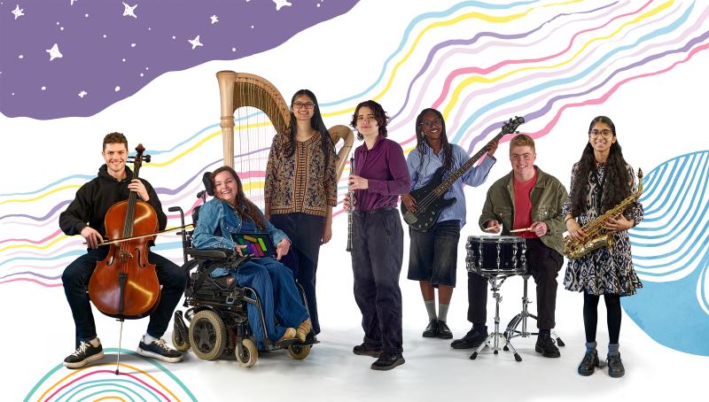 Group of musicians together with musical instruments, all members of the National Open Youth Orchestra