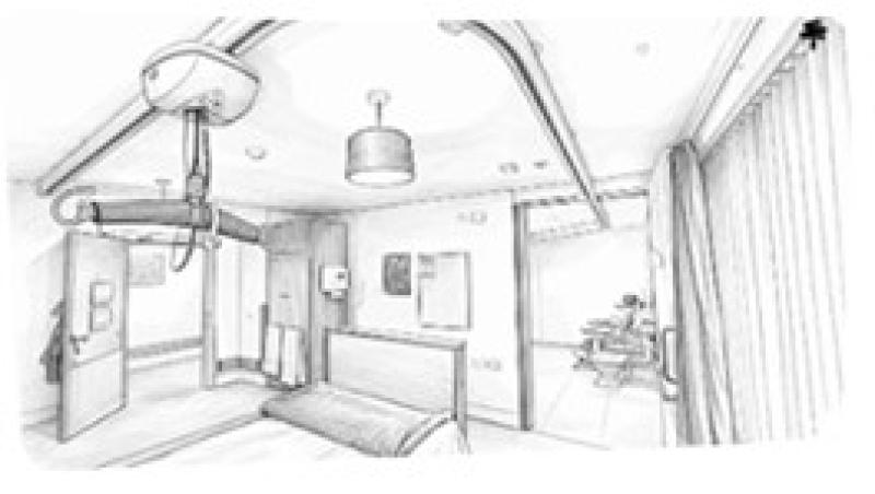 Sketch of a modern residential room at Treloar's with medical equipment, a bed and a window with curtains. There is also a door to the new bathroom accessed directly from bedroom.