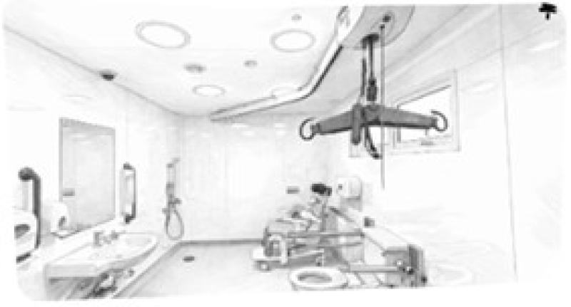 Sketch of a modernised bathroom at Treloar's with accessible equipment. There is a hoist in this bathroom.
