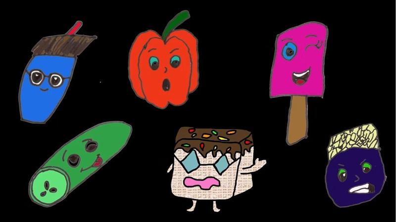 Cartoon-style drawings of a blue popsicle with glasses, an orange bell pepper with surprised eyes, and a pink popsicle winking on a black background.