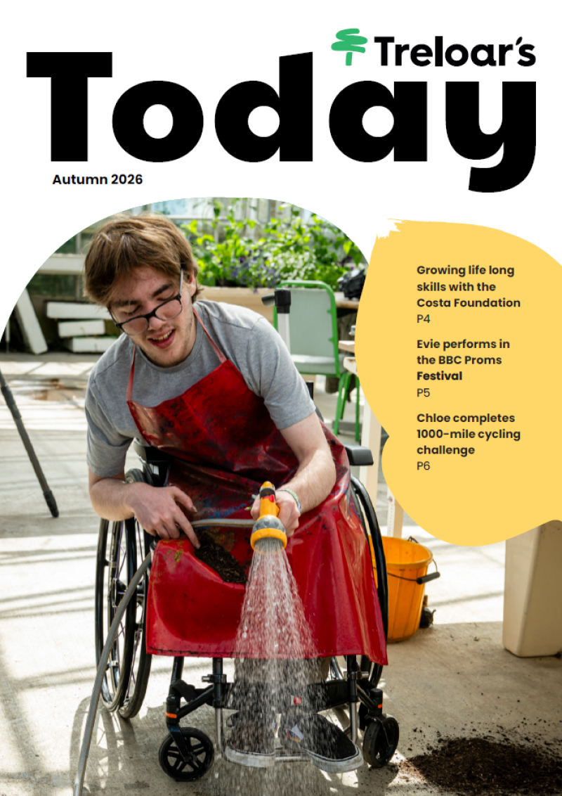 The front cover of Treloar's Today Autumn edition, showing a student in the greenhouse watering plants with a hosepipe