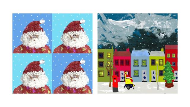Four artistic Santa Claus portraits with red hats and white beards on blue backgrounds, next to a snowy street scene with colorful houses, a decorated Christmas tree, and a person pushing a stroller.