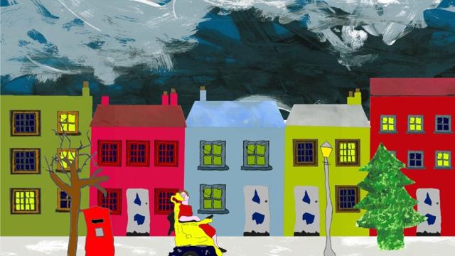 Colorful row of houses under a snowy night sky with a person in a wheelchair near a red mailbox and a decorated Christmas tree.