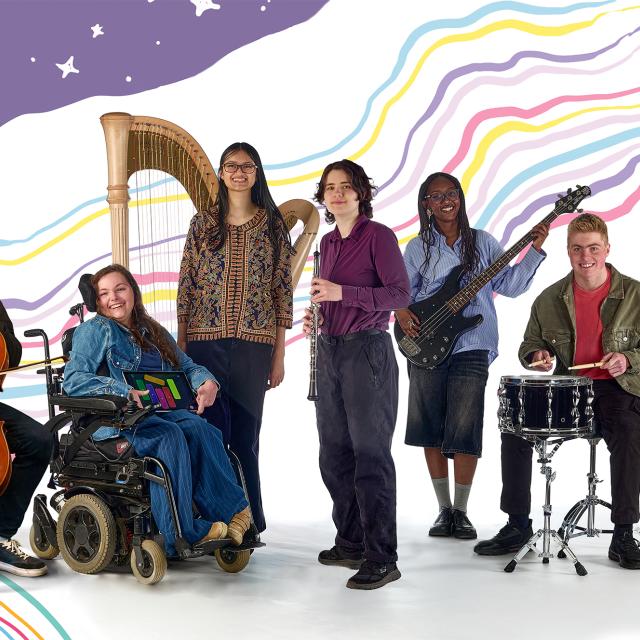 Group of musicians together with musical instruments, all members of the National Open Youth Orchestra