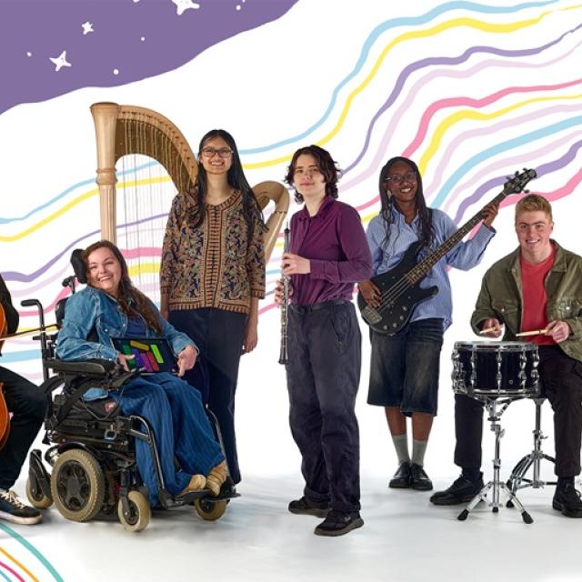 Group of seven diverse musicians with various instruments including cello, harp, bass guitar, drums, and saxophone against a colorful, starry background.