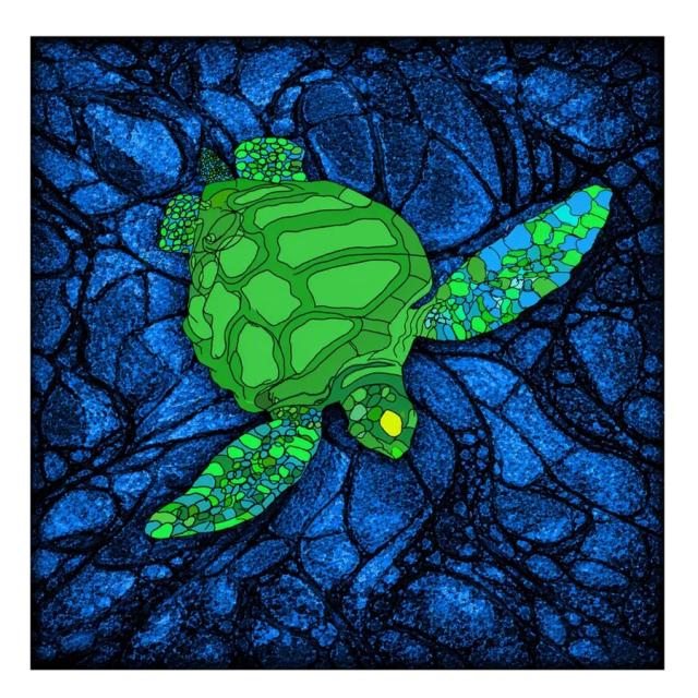 Illustration of a green sea turtle with patterned flippers swimming over a textured deep blue ocean background.