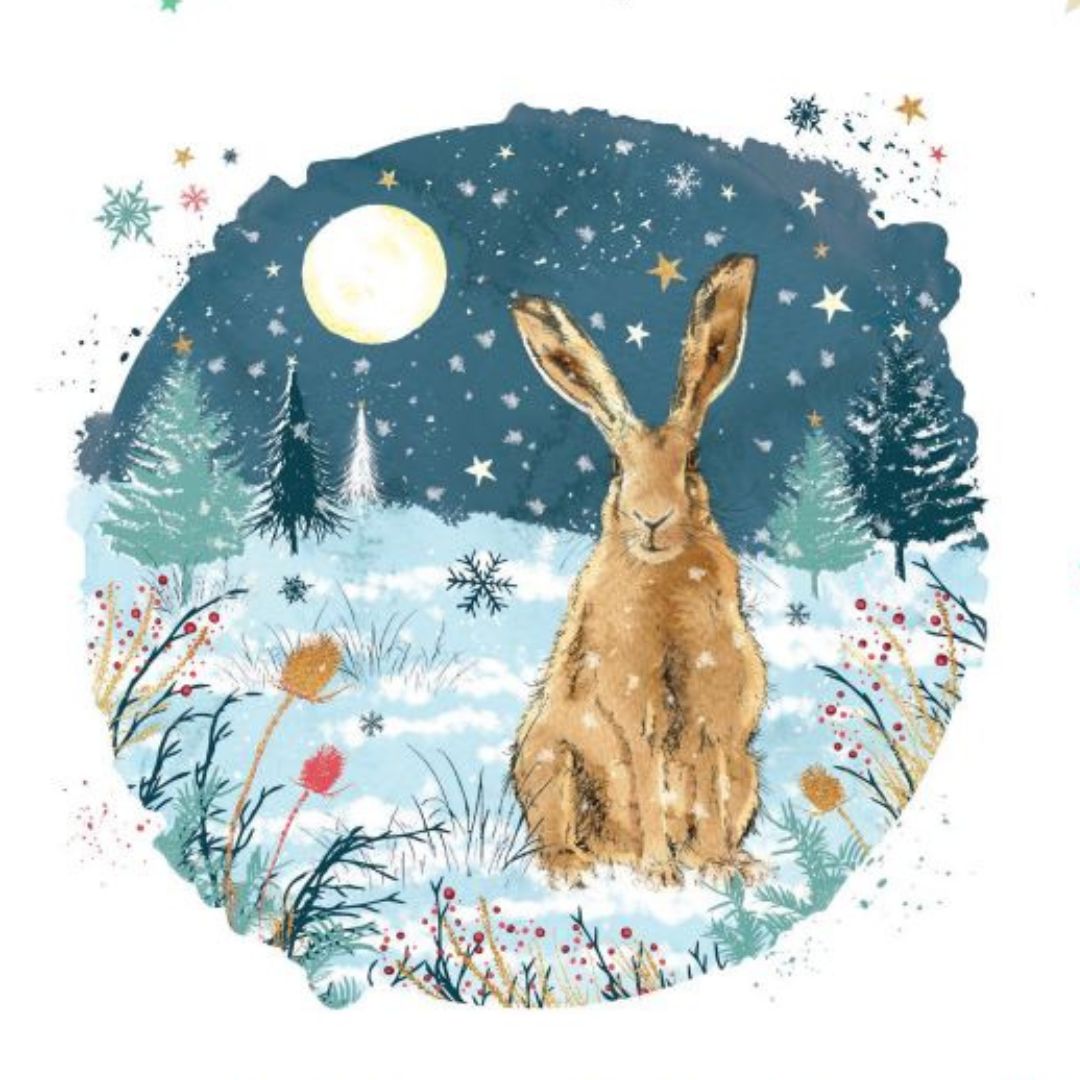 Drawing of a hare at night in the forest full of snow